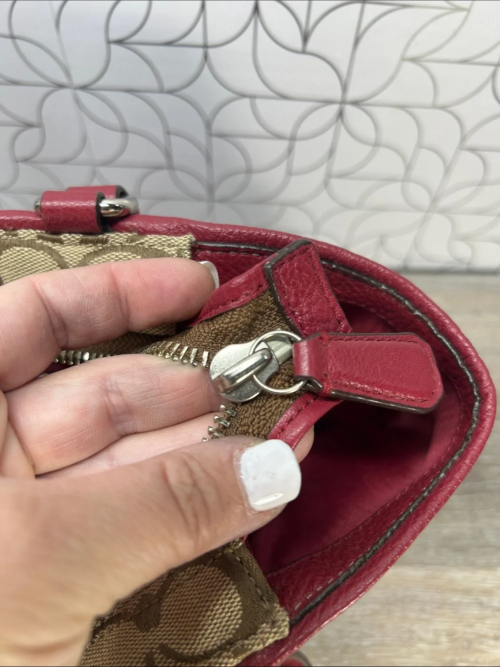 Coach Signature Canvas Tote with Red Leather Trim